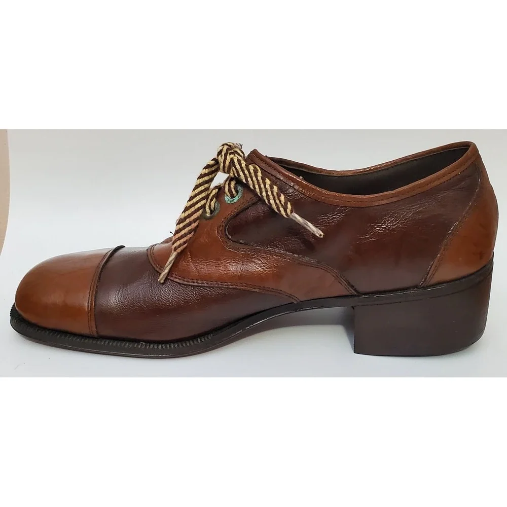 Rare Vintage Jarman Men's Shoes Platform Block Heel Two Tone Brown Oxford Hippie